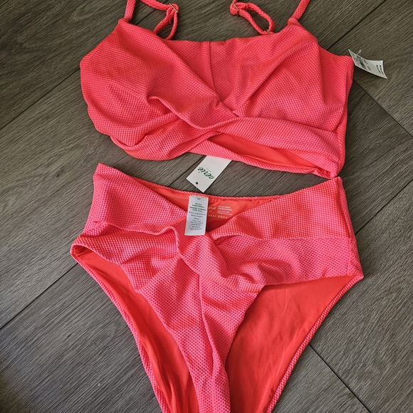 aerie Neon Coral Textured High-Waist Bikini Set - Picture 2 of 5